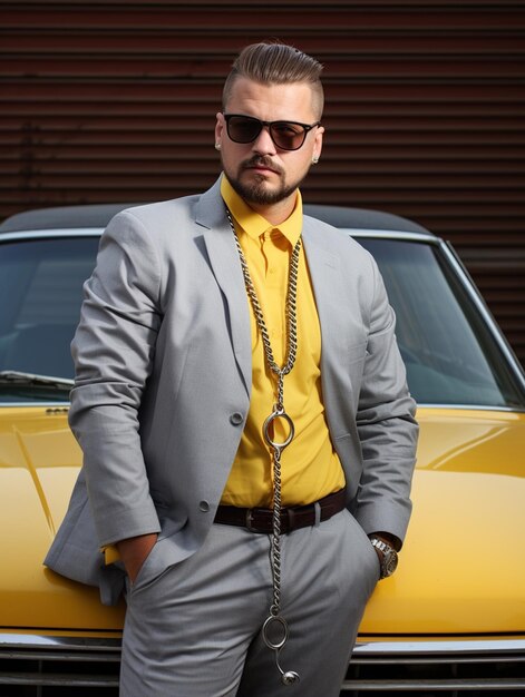 Man in grey suit posing near yellow car