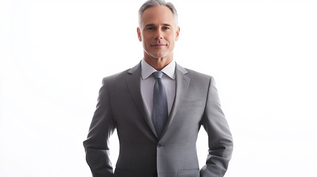 a man in a grey suit stands in front of a white background