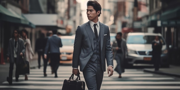 A man in a grey suit walks across a busy street with a briefcase.