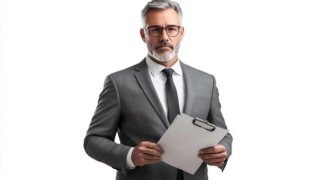 Photo a man in a grey suit with glasses holding a clipboard