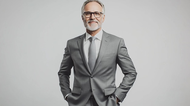 a man in a grey suit with glasses and a tie