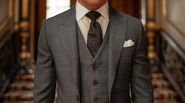 a man in a grey suit with a pocket square on his chest