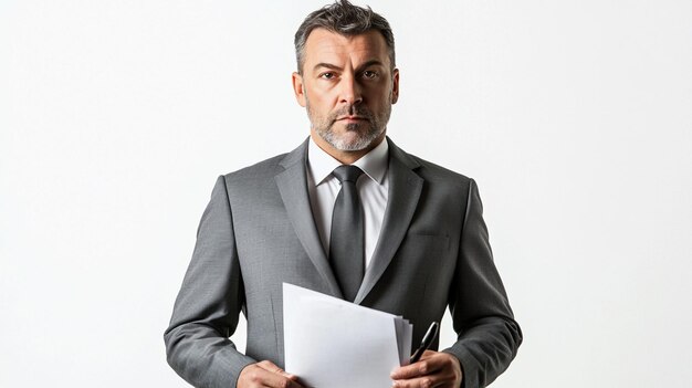 Photo a man in a grey suit with a white shirt and a tie