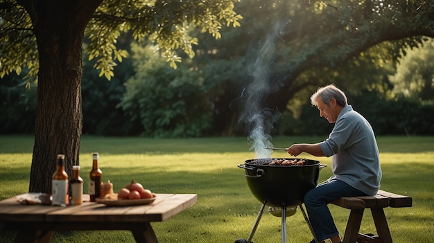 Photo a man grilling a barbecue with a jar of hot dogs on the grill