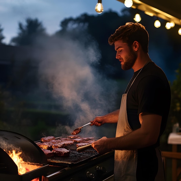 Photo man grilling burgers on a barbecue grill