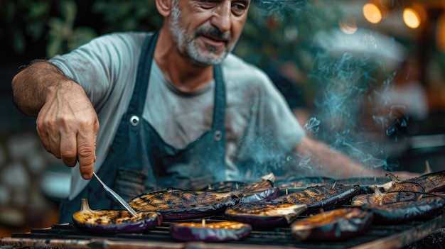 Man Grilling Eggplants Outdoors