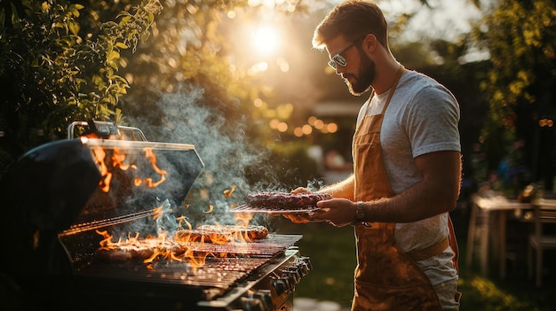 Photo man grilling meat on barbecue grill with flames and smoke in backyard