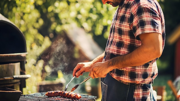 Photo man grilling sausage on a barbecue