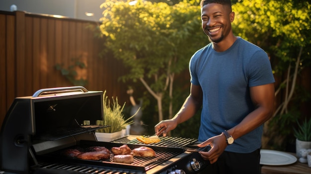 Man grills food in the backyard of a house