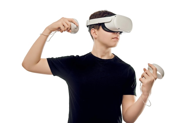 Man guy uses virtual reality glasses isolate