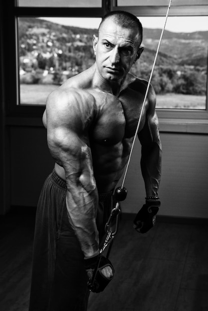 Man In The Gym Exercising On His Triceps On Machine With Cable In The Gym