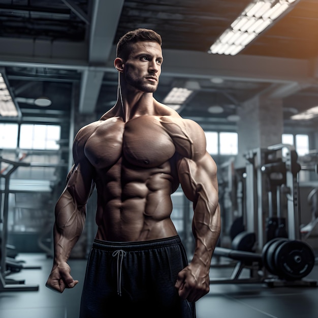 A man in a gym with a muscular body and a black pant.