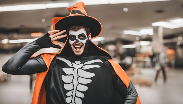 Photo a man in a halloween costume is wearing a black and orange costume