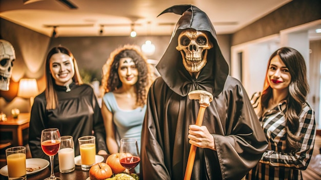 a man in a halloween costume stands in front of a table with drinks and a skull on it