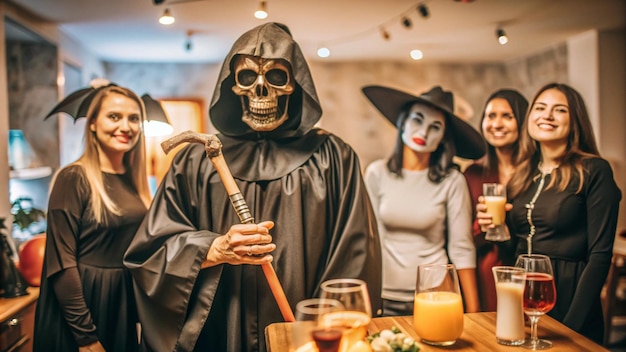 a man in a halloween costume stands in front of a table with a woman wearing a skull and a hat