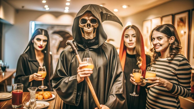 a man in a halloween costume stands in front of a table with a woman wearing a skull and a hat