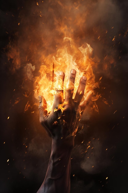 Man hand in the fire on black background Conceptual image