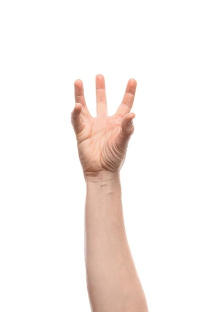 Man hand hold, grab or catch some object, hand gesture. Isolated on white background.