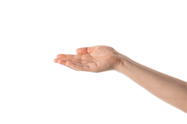 Man hand hold, grab or catch some object, hand gesture. Isolated on white background.