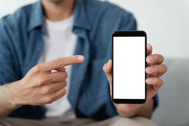 Man hand holding blank empty white screen smart phone