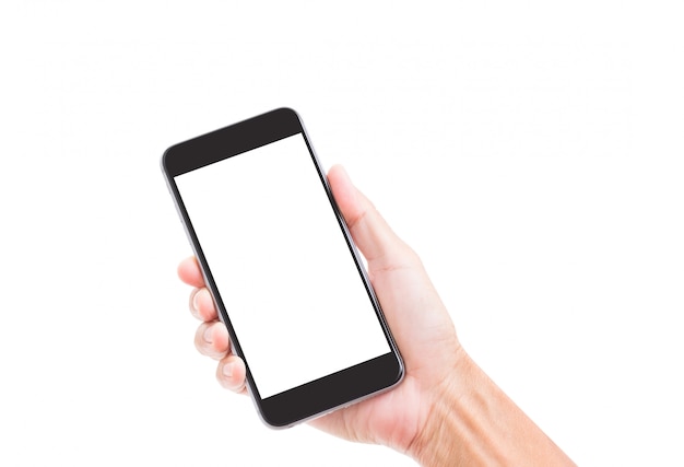 Man hand holding blank screen mobile phone isolated on white; clipping path