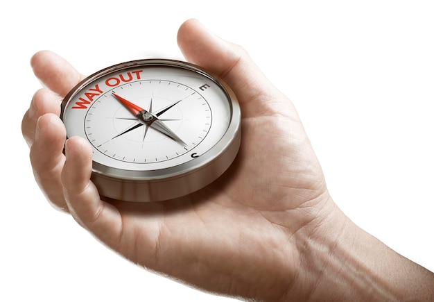 Man hand holding compass with needle pointing the text way out over white background. Concept of crisis exit plan or strategy. Composite image between a hand photography and a 3D background.