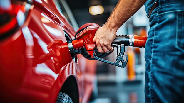 man hand holding a gas pump nozzle and filling up a car at the station is using a fuel benzin