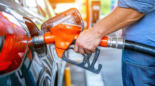 man hand holding a gas pump nozzle and filling up a car at the station is using a fuel benzin