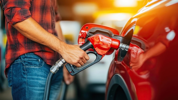 man hand holding a gas pump nozzle and filling up a car at the station is using a fuel benzin