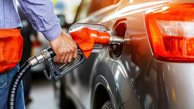 Photo man hand holding a gas pump nozzle and filling up a car at the station is using a fuel benzin