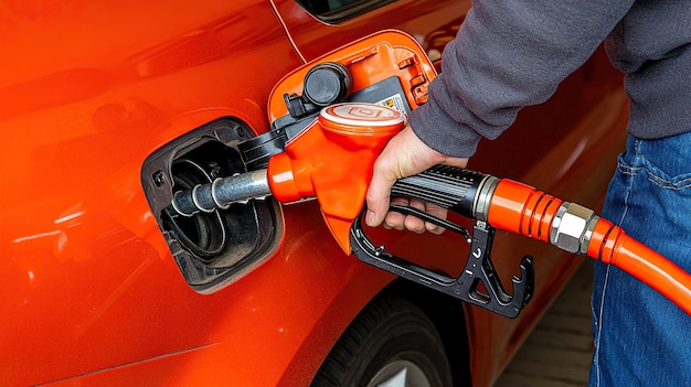 man hand holding a gas pump nozzle and filling up a car at the station is using a fuel benzin