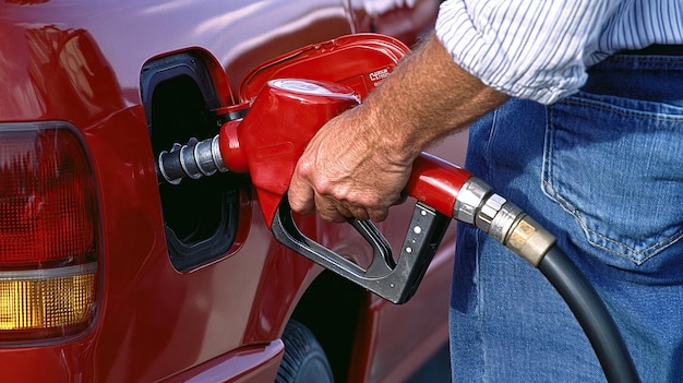 Photo man hand holding a gas pump nozzle and filling up a car at the station is using a fuel benzin