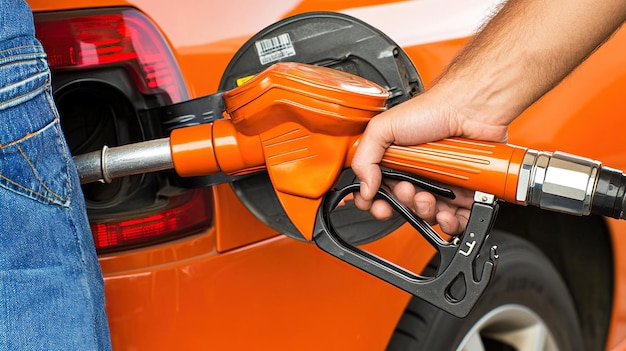 man hand holding a gas pump nozzle and filling up a car at the station is using a fuel benzin