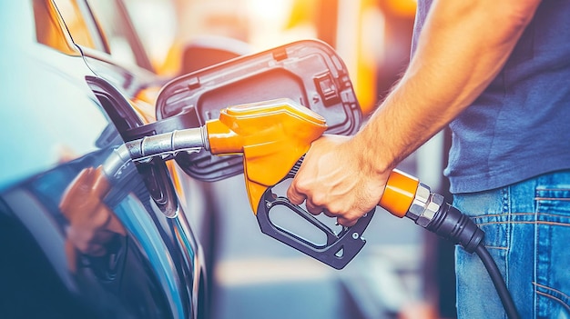 man hand holding a gas pump nozzle and filling up a car at the station is using a fuel benzin