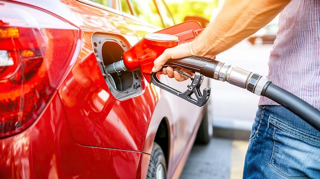 Photo man hand holding a gas pump nozzle and filling up a car at the station is using a fuel benzin