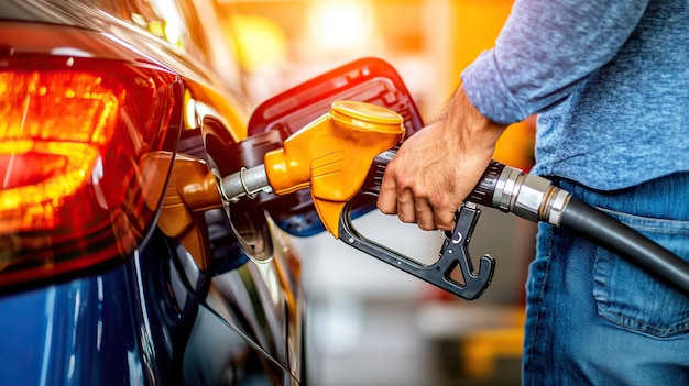 man hand holding a gas pump nozzle and filling up a car at the station is using a fuel benzin