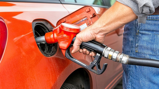 Photo man hand holding a gas pump nozzle and filling up a car at the station is using a fuel benzin