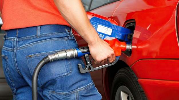 Photo man hand holding a gas pump nozzle and filling up a car at the station is using a fuel benzin