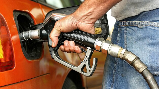 Photo man hand holding a gas pump nozzle and filling up a car at the station is using a fuel benzin