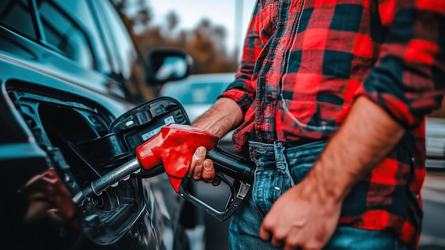 man hand holding a gas pump nozzle and filling up a car at the station is using a fuel benzin