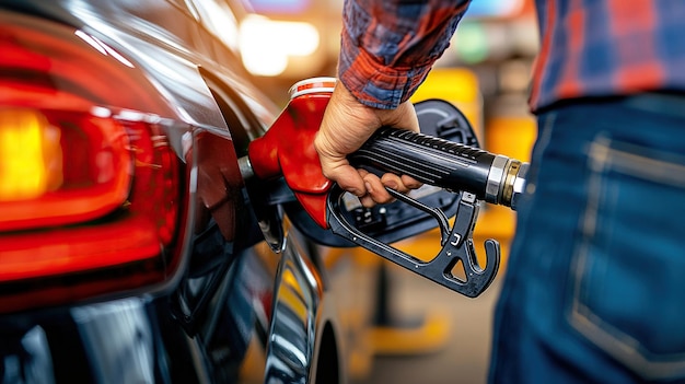 man hand holding a gas pump nozzle and filling up a car at the station is using a fuel benzin