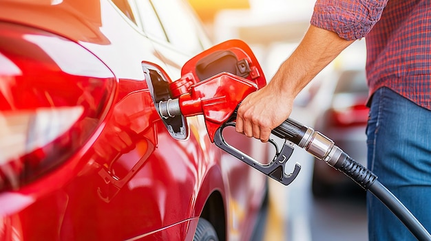 Photo man hand holding a gas pump nozzle and filling up a car at the station is using a fuel benzin