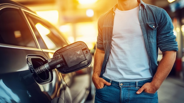 Photo man hand holding a gas pump nozzle and filling up a car at the station is using a fuel benzin