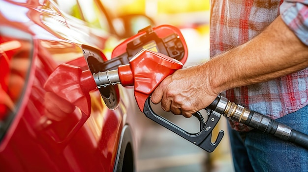 man hand holding a gas pump nozzle and filling up a car at the station is using a fuel benzin