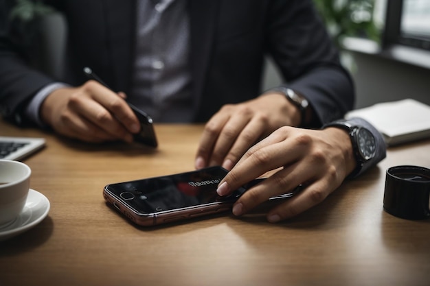 Man hand holding mobile smartphone digital technology network communications at desk