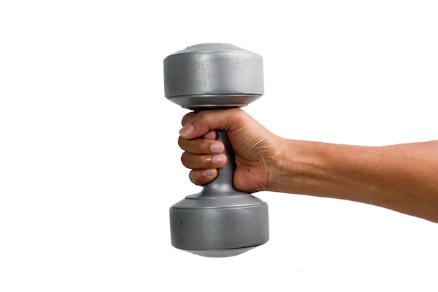 Man hand holding silver dumbbell isolated on white background