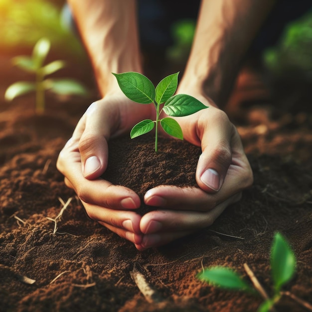 man hand holding a small sprouting plant with green leaf and soil