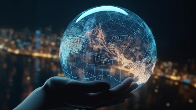 Man hand holds an electronic globe while looking at the city Illustration AI GenerativexA