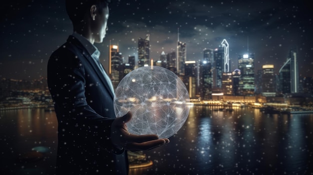 Man hand holds an electronic globe while looking at the city Illustration AI GenerativexA