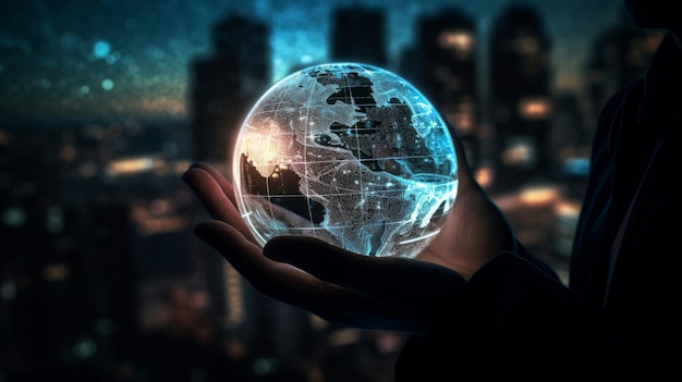 Man hand holds an electronic globe while looking at the city Illustration AI GenerativexA